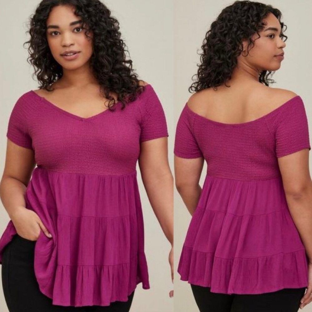 Torrid Fabric Mix Knit Crinkle Gauze Off The Shoulder Smocked Bodice Peplum Top